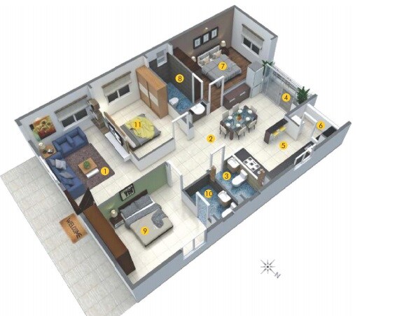 Floor plan of 3 BHK 1647 Sq. Ft. Apartment in DSR White Waters, Bangalore