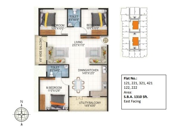 Floor plan of 3 BHK 1310 Sq. Ft. Apartment in Durga Nandana, Bangalore