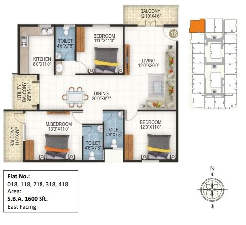 Floor plan of 3 BHK 1600 Sq. Ft. Apartment in Durga Nandana, Bangalore