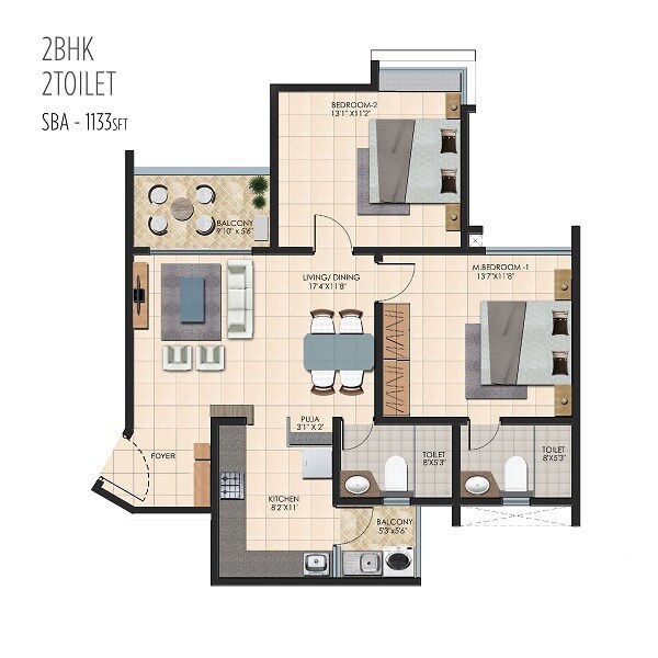 Floor plan of 2 BHK 1133 Sq. Ft. Apartment in Durga Petals, Bangalore
