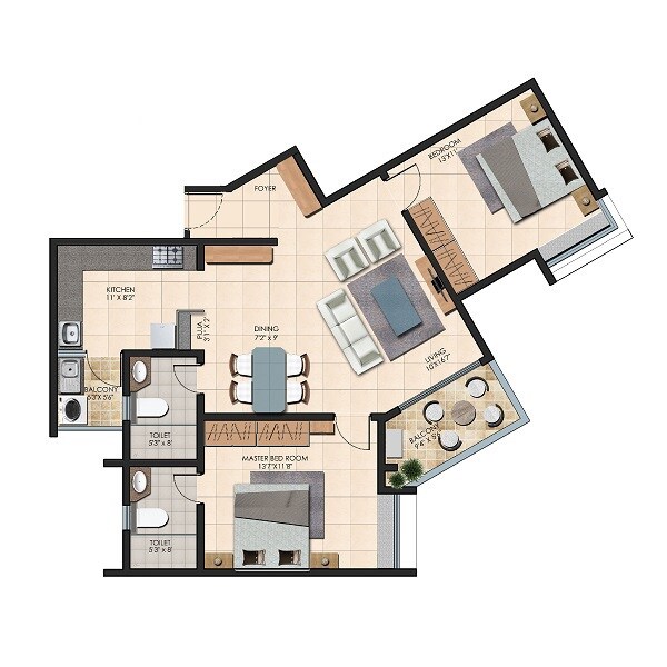 Floor plan of 2 BHK 1195 Sq. Ft. Apartment in Durga Petals, Bangalore