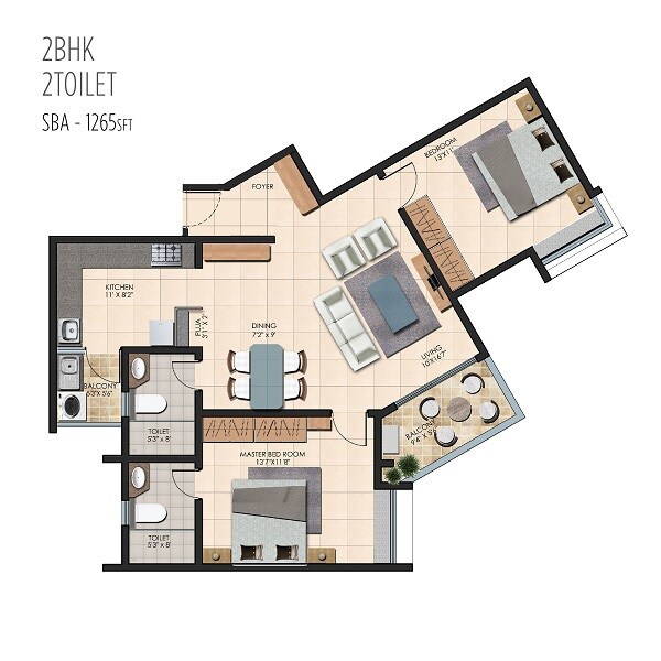 Floor plan of 2 BHK 1265 Sq. Ft. Apartment in Durga Petals, Bangalore