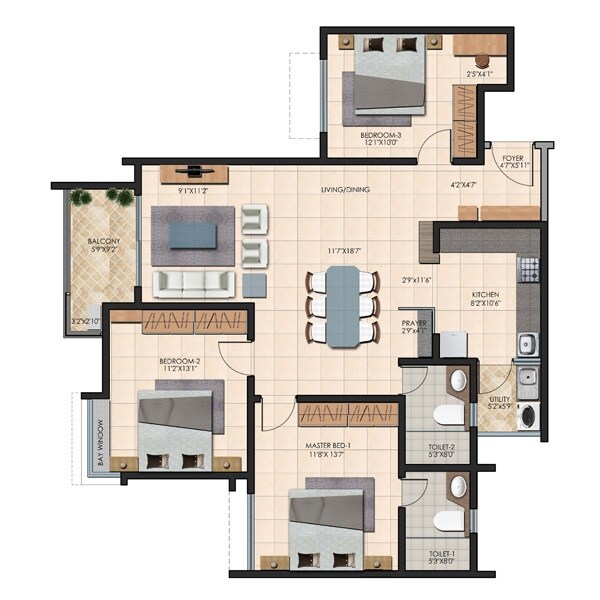 Floor plan of 3 BHK 1515 Sq. Ft. Apartment in Durga Petals, Bangalore