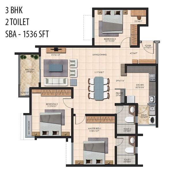Floor plan of 3 BHK 1536 Sq. Ft. Apartment in Durga Petals, Bangalore