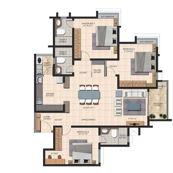Floor plan of 3 BHK 1609 Sq. Ft. Apartment in Durga Petals, Bangalore