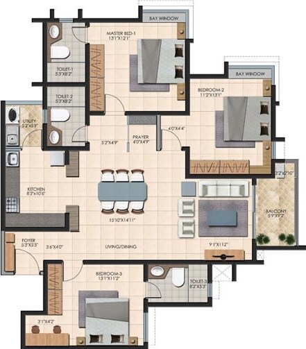 Floor plan of 3 BHK 1671 Sq. Ft. Apartment in Durga Petals, Bangalore