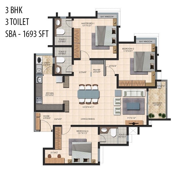Floor plan of 3 BHK 1693 Sq. Ft. Apartment in Durga Petals, Bangalore