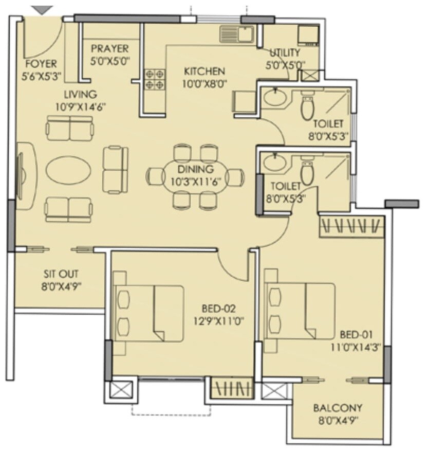 Floor plan of 2 BHK 1205 Sq. Ft. Apartment in Durga Rainbow, Bangalore