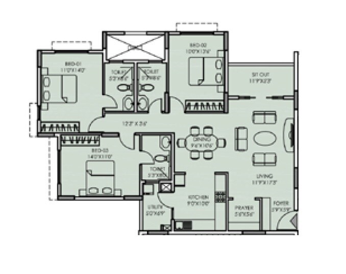 Floor plan of 3 BHK 1678 Sq. Ft. Apartment in Durga Rainbow, Bangalore