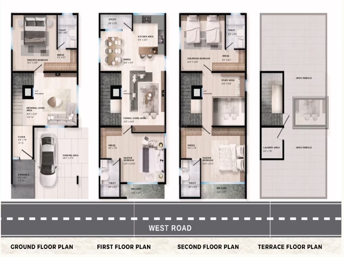 Floor plan of 4 BHK 2800 Sq. Ft. Row House in Dwara Orville, Bangalore
