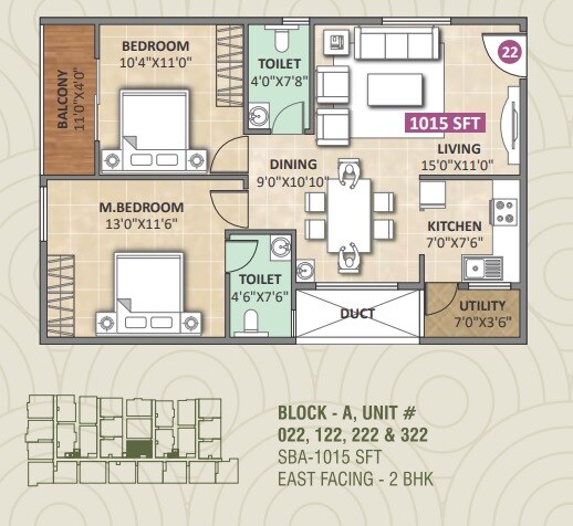 Floor plan of 2 BHK 1015 Sq. Ft. Apartment in Dwaraka Sai Amogha, Bangalore