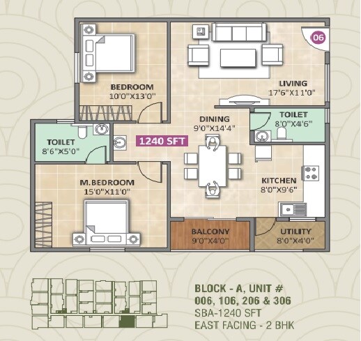 Floor plan of 2 BHK 1240 Sq. Ft. Apartment in Dwaraka Sai Amogha, Bangalore