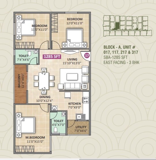 Floor plan of 3 BHK 1285 Sq. Ft. Apartment in Dwaraka Sai Amogha, Bangalore