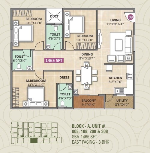 Floor plan of 3 BHK 1465 Sq. Ft. Apartment in Dwaraka Sai Amogha, Bangalore