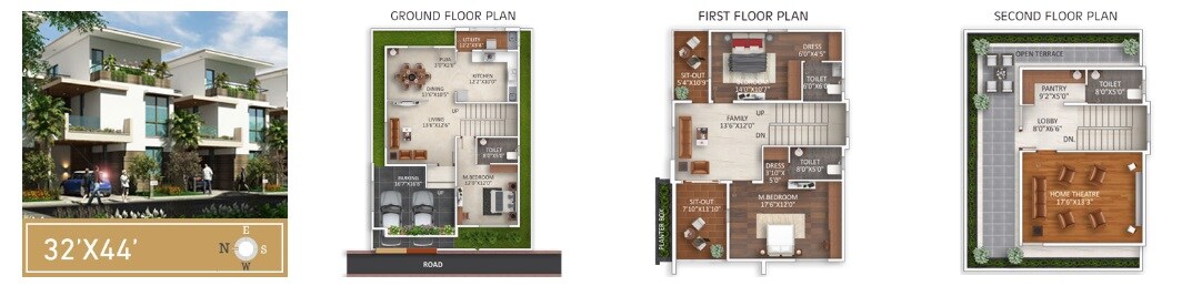Floor plan of 3 BHK 1408 Sq. Ft. Villa in Dwarakamai Apex Villas, Bangalore
