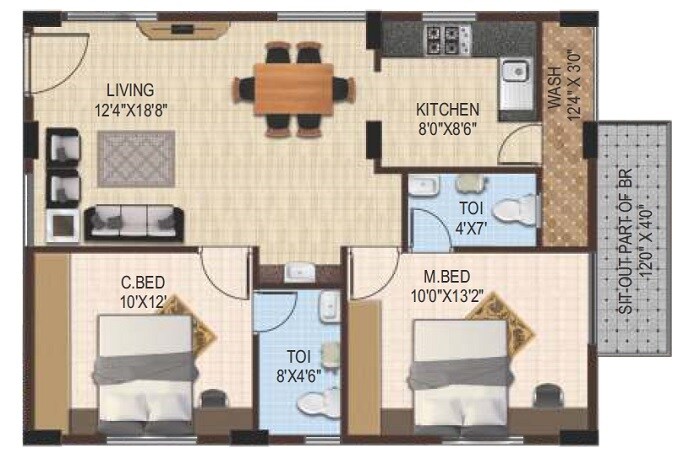 Floor plan of 2 BHK 1089 Sq. Ft. Apartment in EAPL Sri Tirumala Ambience, Bangalore