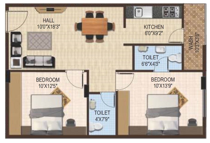 Floor plan of 2 BHK 918 Sq. Ft. Apartment in EAPL Sri Tirumala Ambience, Bangalore