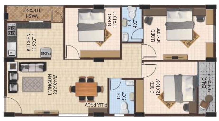 Floor plan of 3 BHK 1305 Sq. Ft. Apartment in EAPL Sri Tirumala Ambience, Bangalore