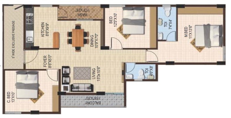 Floor plan of 3 BHK 1539 Sq. Ft. Apartment in EAPL Sri Tirumala Ambience, Bangalore