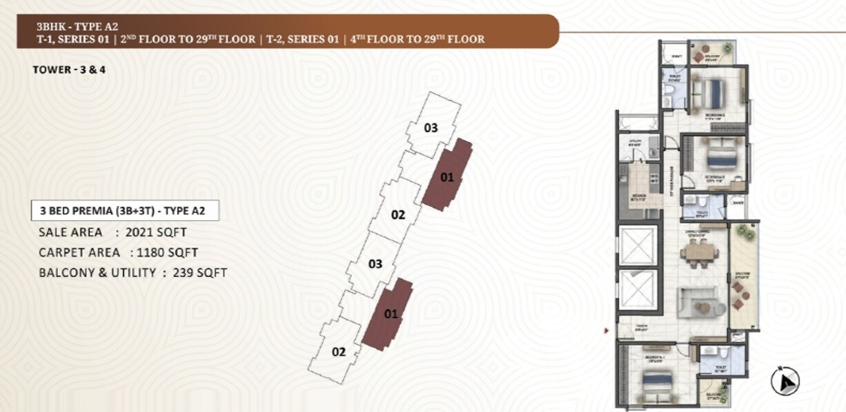 Floor plan of 3 BHK 2021 Sq. Ft. Apartment in Eaton Park At The Prestige City, Bangalore