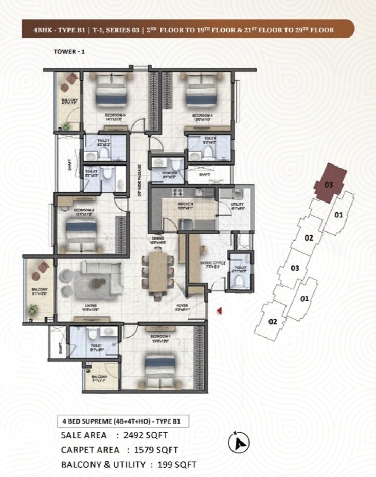 Floor plan of 4 BHK 2492 Sq. Ft. Apartment in Eaton Park At The Prestige City, Bangalore