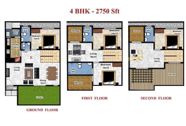 Floor plan of 4 BHK 2750 Sq. Ft. Villa in Eco Land Villaments, Bangalore