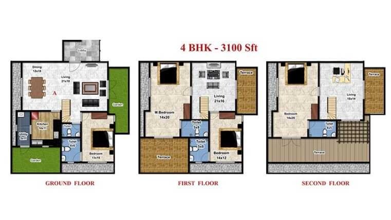 Floor plan of 4 BHK 3100 Sq. Ft. Villa in Eco Land Villaments, Bangalore