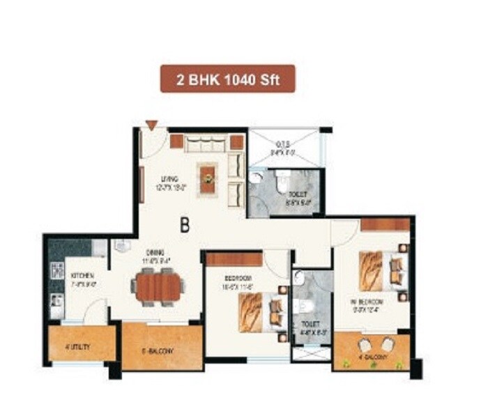 Floor plan of 2 BHK 1040 Sq. Ft. Apartment in Ecoland Marina, Bangalore