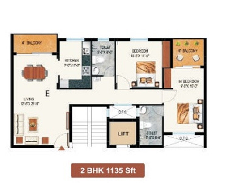 Floor plan of 2 BHK 1135 Sq. Ft. Apartment in Ecoland Marina, Bangalore