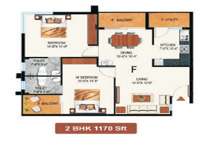 Floor plan of 2 BHK 1170 Sq. Ft. Apartment in Ecoland Marina, Bangalore