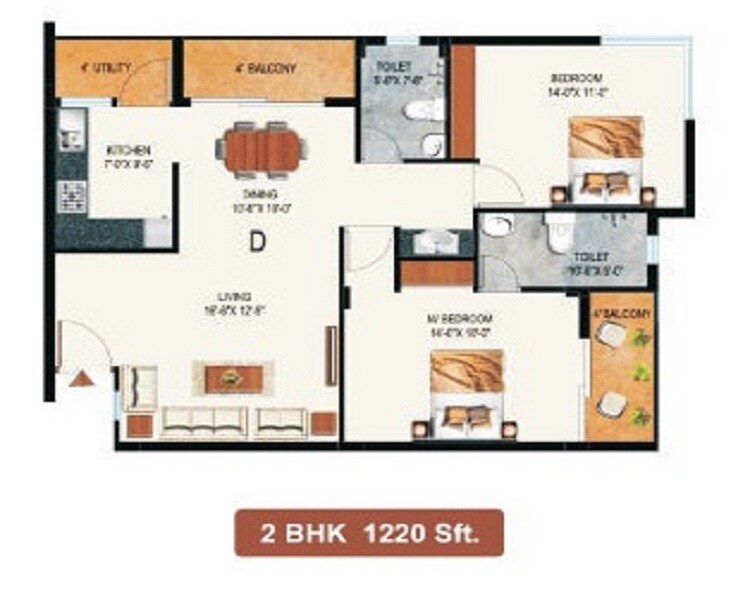 Floor plan of 2 BHK 1220 Sq. Ft. Apartment in Ecoland Marina, Bangalore