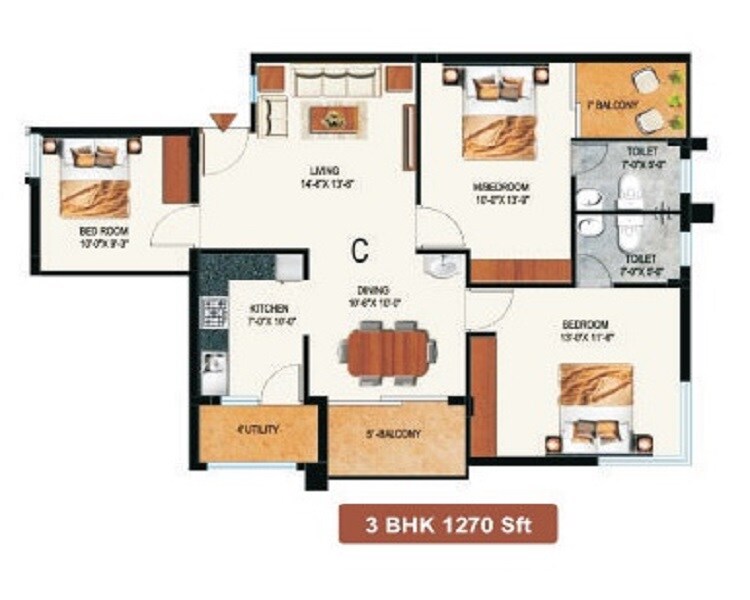 Floor plan of 3 BHK 1270 Sq. Ft. Apartment in Ecoland Marina, Bangalore