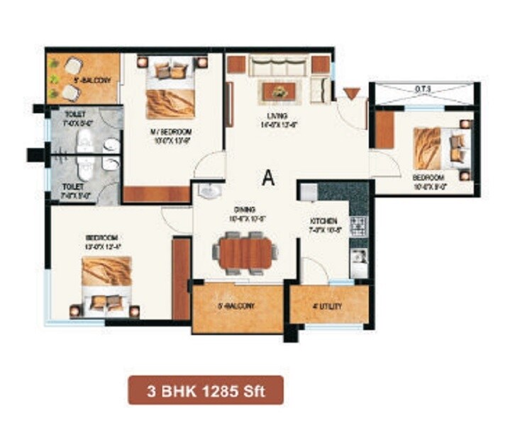 Floor plan of 3 BHK 1285 Sq. Ft. Apartment in Ecoland Marina, Bangalore