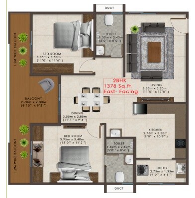Floor plan of 2 BHK 1378 Sq. Ft. Apartment in Ecolife Elements Of Nature Akash Block, Bangalore