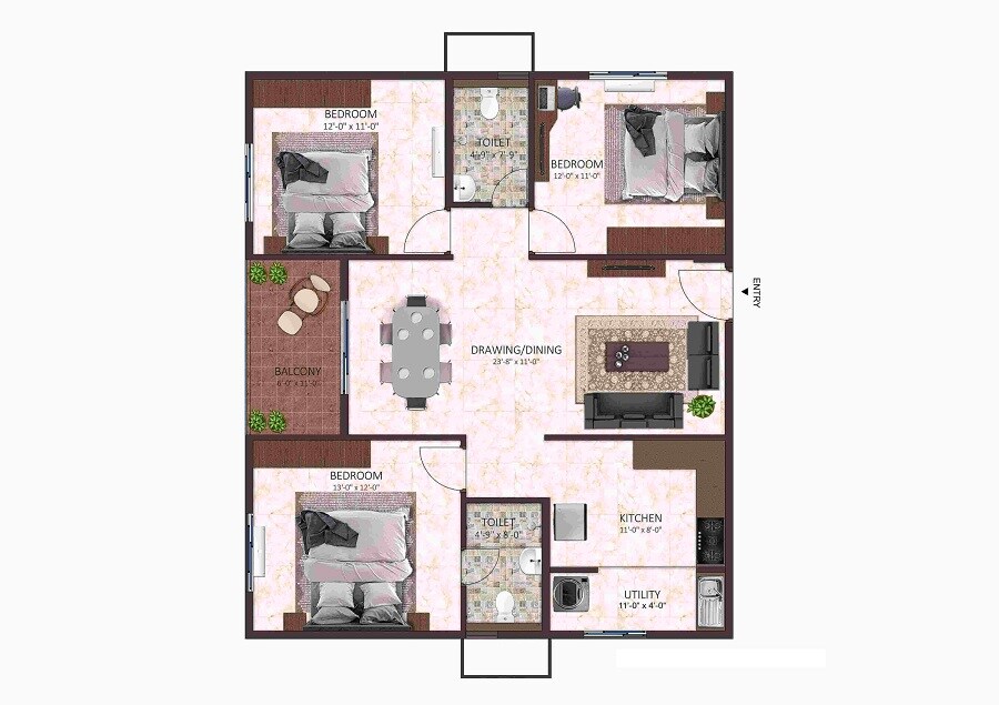 Floor plan of 3 BHK 1415 Sq. Ft. Apartment in Ecolife Eon Akash, Bangalore