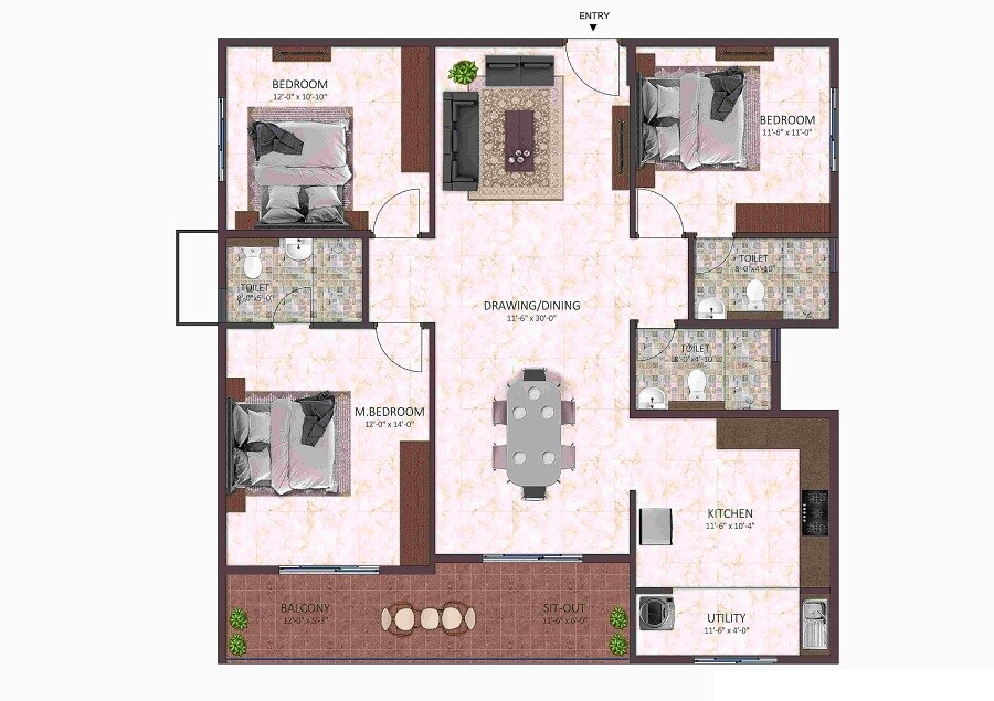 Floor plan of 3 BHK 1737 Sq. Ft. Apartment in Ecolife Eon Akash, Bangalore