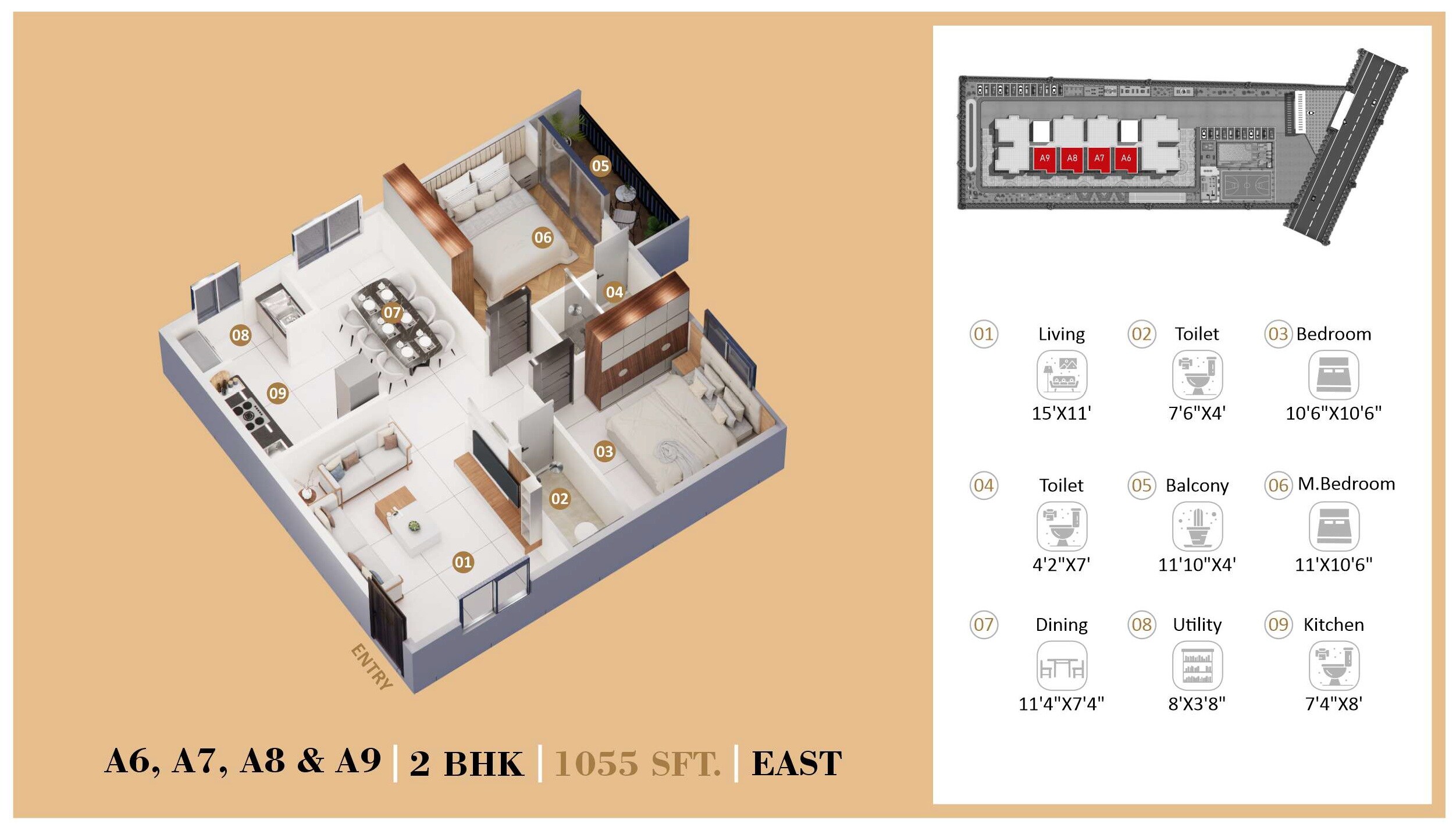 Floor plan of 2 BHK 1055 Sq. Ft. Apartment in Eeshanya Aaroha, Bangalore