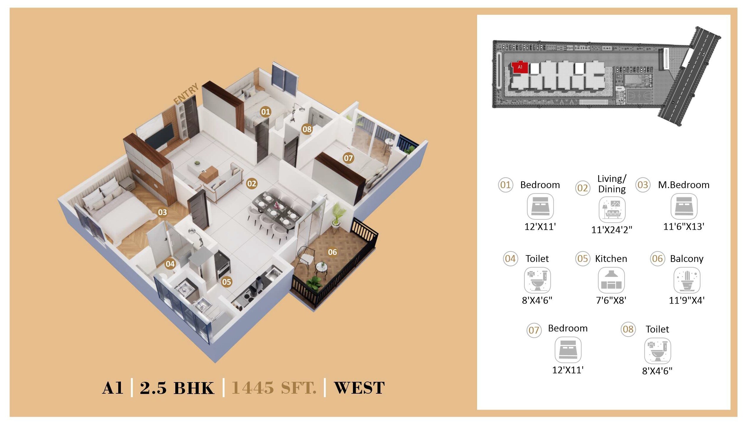 Floor plan of 2 BHK 1445 Sq. Ft. Apartment in Eeshanya Aaroha, Bangalore