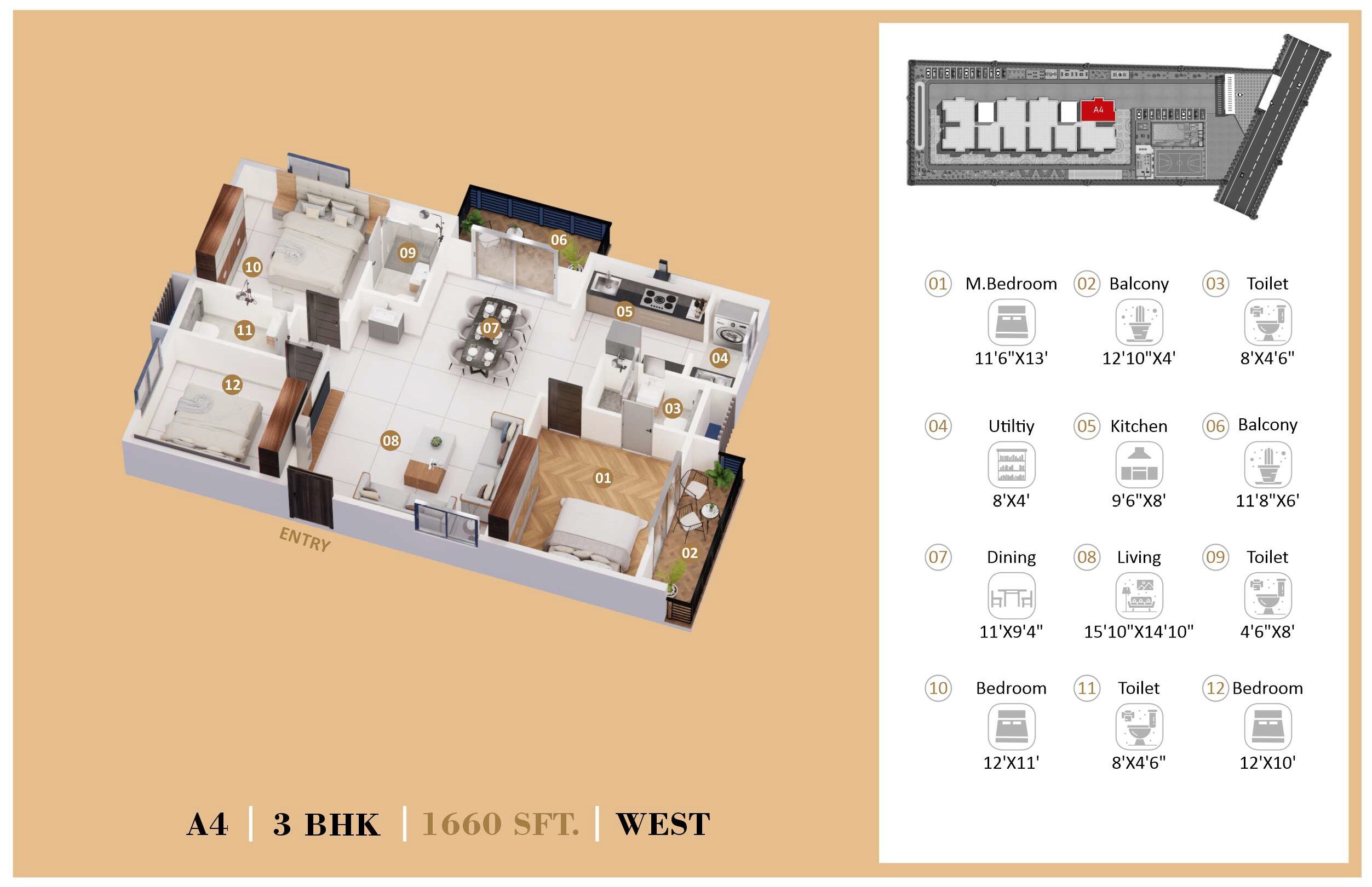 Floor plan of 3 BHK 1660 Sq. Ft. Apartment in Eeshanya Aaroha, Bangalore