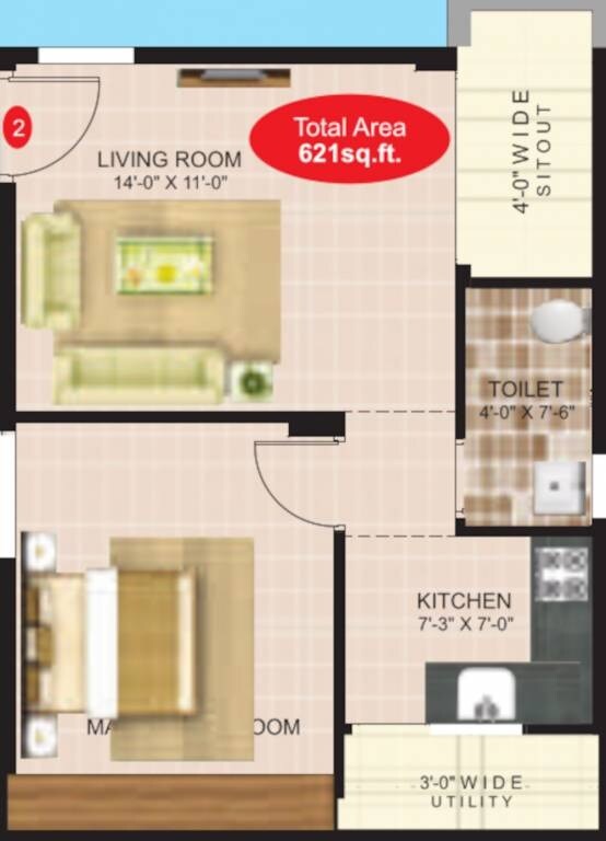 1 BHK 621 Sq. Ft. Apartment