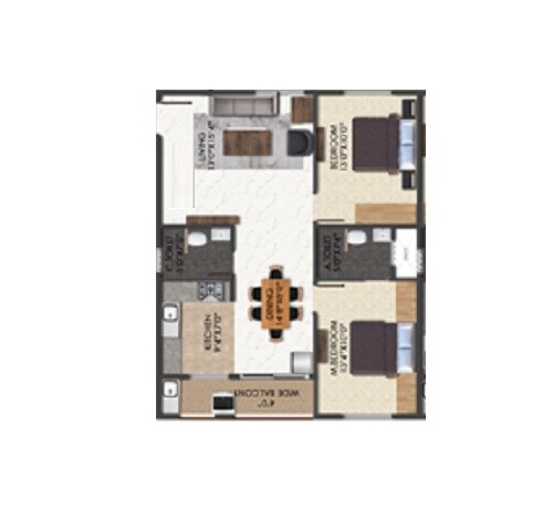 Floor plan of 2 BHK 1002 Sq. Ft. Apartment in Elegant Altima, Bangalore