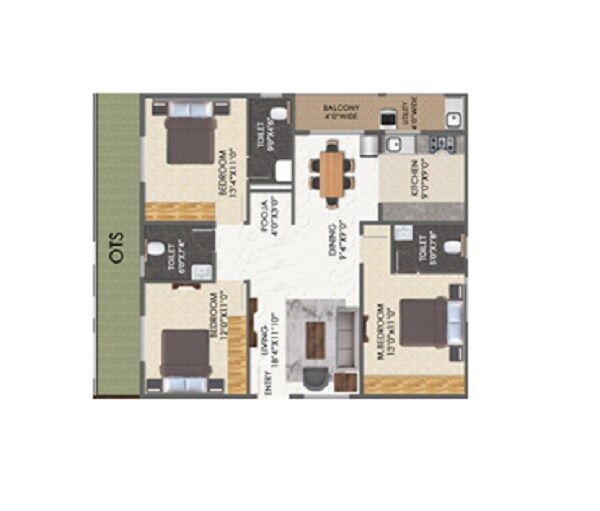 Floor plan of 3 BHK 1352 Sq. Ft. Apartment in Elegant Altima, Bangalore