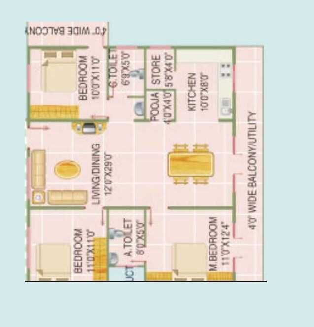 Floor plan of 3 BHK 1491 Sq. Ft. Apartment in Elegant Elite, Bangalore