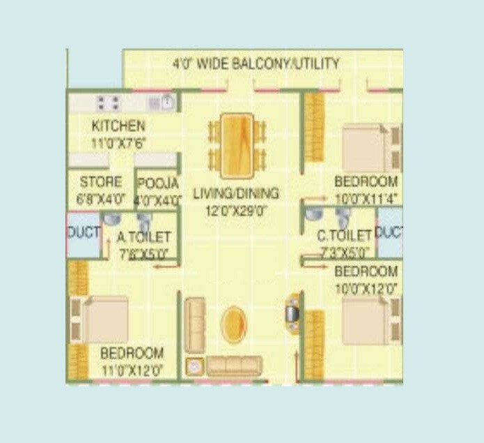 Floor plan of 3 BHK 1526 Sq. Ft. Apartment in Elegant Elite, Bangalore