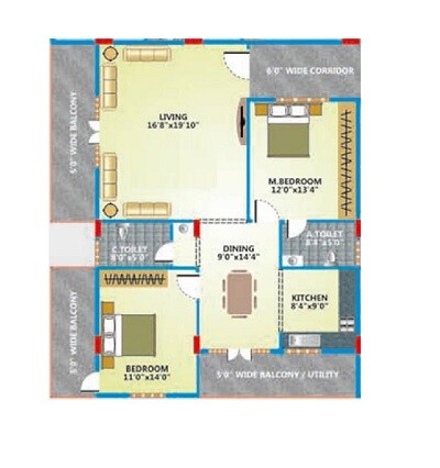 Floor plan of 2 BHK 1248 Sq. Ft. Apartment in Elegant Embassy, Bangalore