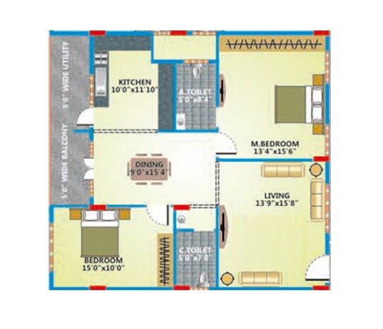 Floor plan of 2 BHK 1489 Sq. Ft. Apartment in Elegant Embassy, Bangalore