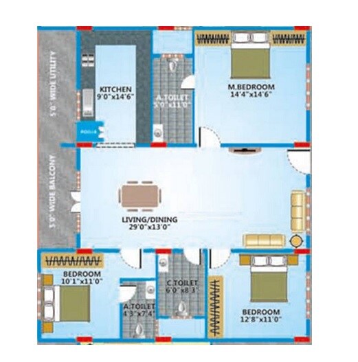 Floor plan of 3 BHK 1761 Sq. Ft. Apartment in Elegant Embassy, Bangalore