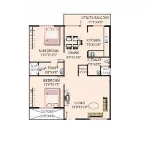 Floor plan of 2 BHK 1295 Sq. Ft. Apartment in Elegant Emporium, Bangalore