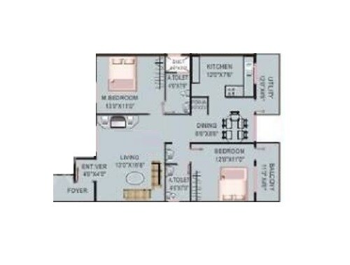 Floor plan of 2 BHK 1342 Sq. Ft. Apartment in Elegant Emporium, Bangalore
