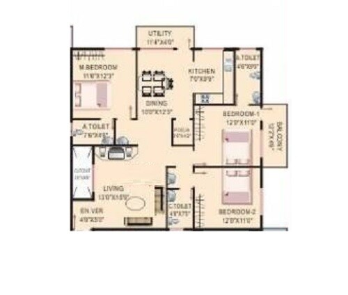 Floor plan of 3 BHK 1547 Sq. Ft. Apartment in Elegant Emporium, Bangalore